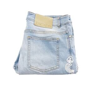 Escada Bright Blue Light Wash Denim Jeans Lace Embroidery SZ42